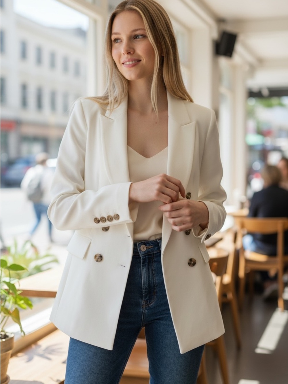 NWT:  Designer White Double-Breasted Peak Lapel Blazer, Machine Washable